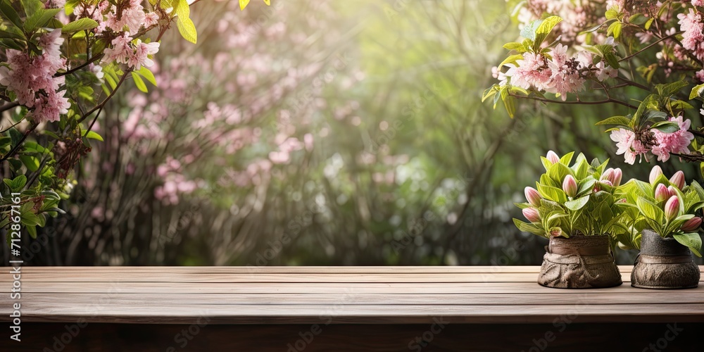 Outdoor wooden desk with ample room for personalization surrounded by blossoming spring foliage.