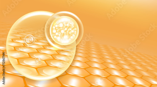 Probiotic and Hyaluronic acid skin solutions ad, gold collagen, and vitamin serum drops with cosmetic advertising background ready to use illustration vector.