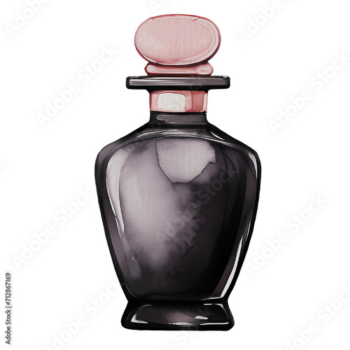 pink and black glass perfume bottle Vintage style watercolor illustration