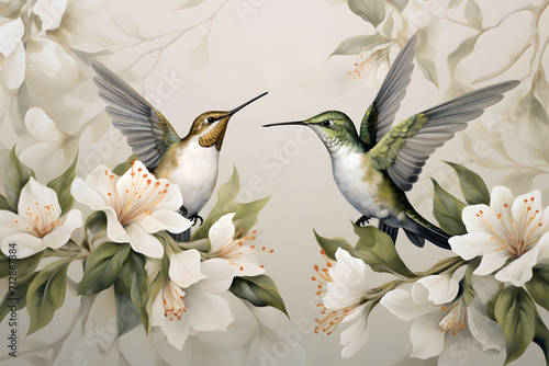 hummingbird and flower, two hummingbirds with flowers light white and brown, mural painting, botanical watercolors, light emerald and light beige photo
