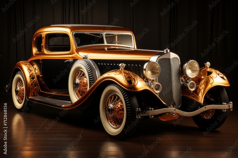 Old-fashioned Gold Coupe, on an isolated Antique Gold background, Generative AI