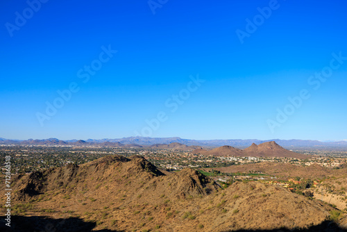 Late afternoon view of Moon Valley from North Mountain park  hiking trails  Phoenix  Arizona