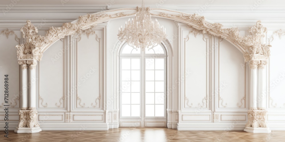 Luxurious wooden arch with elegant chandeliers on white background.