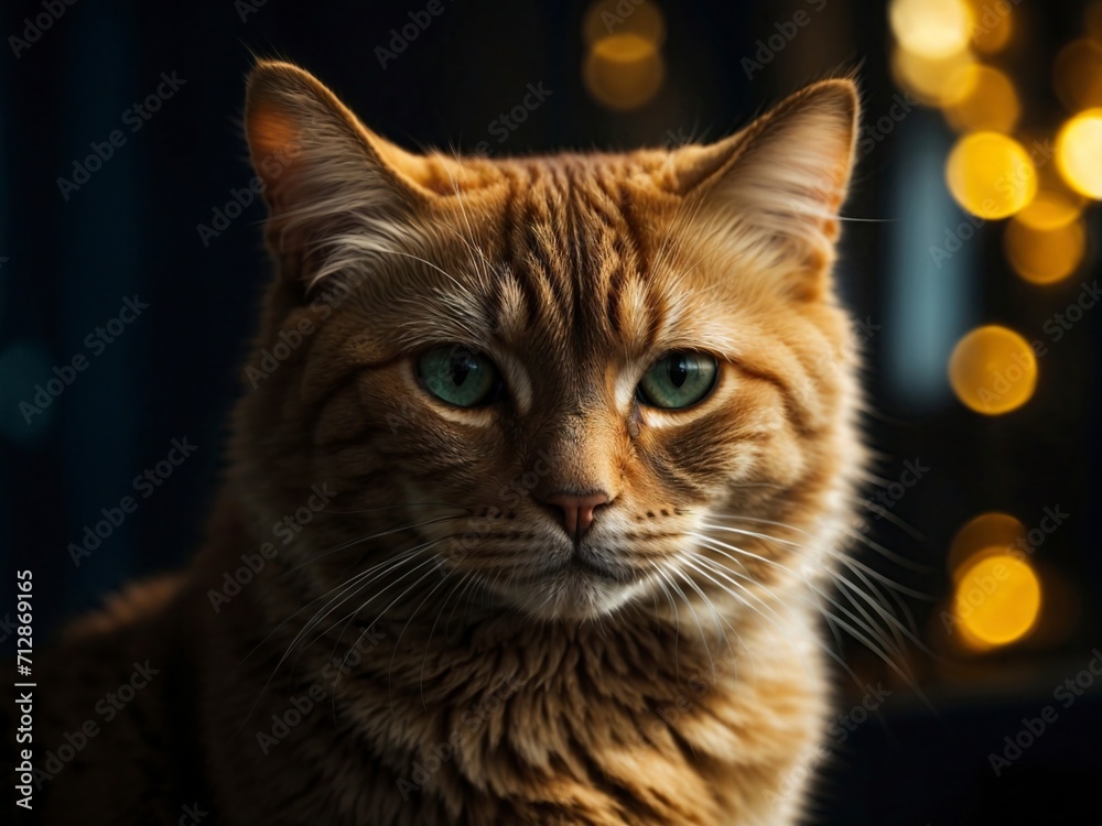 Portrait of a beautiful ginger cat with green eyes on a dark background.