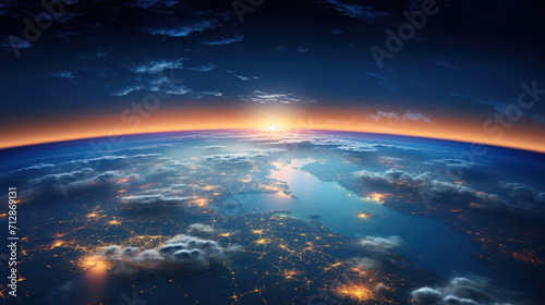 Celestial marvel: Panoramic Earth view from space, with city lights casting a vibrant glow amid the ever-shifting light clouds, offering a glimpse into the magic of different seasons