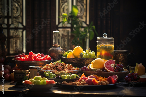 Table with variety of fresh fruits and berries. Healthy eating concept.