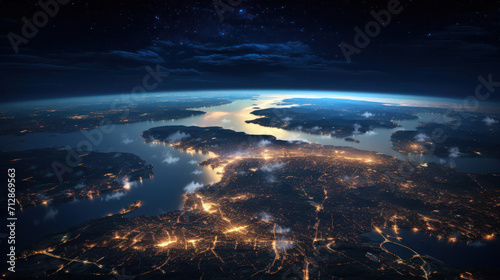 Celestial beauty in a panoramic Earth view from space   where city lights twinkle amid the ever-evolving patterns of light clouds   creating a captivating tableau of changing seasons
