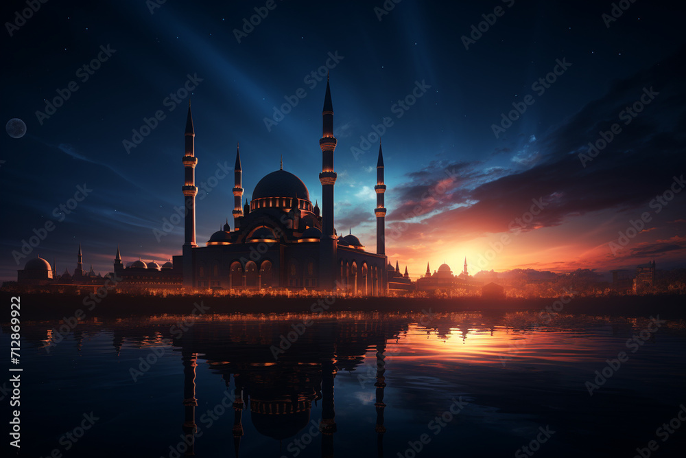 Ramadan Kareem Sunset Mosque in. 3D rendering