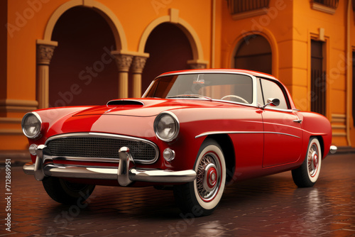 Vintage Red Classic Car, on an isolated Retro Red background, Generative AI © Box Milk