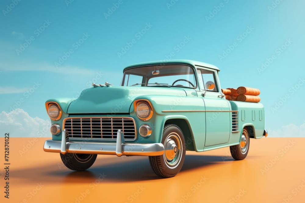 Vintage Teal Pickup Truck, on an isolated Teal Turquoise background, Generative AI