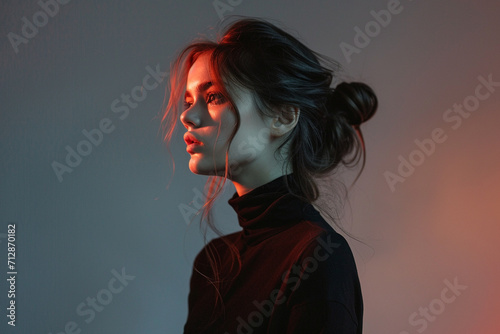 portrait of a fashion young woman in a studio muted color background and minimalistic	