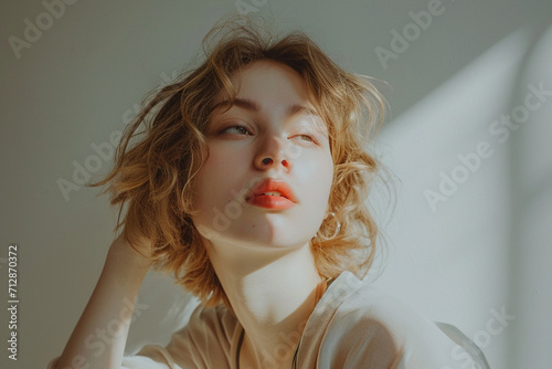 portrait of a fashion young woman in a studio muted color background and minimalistic	