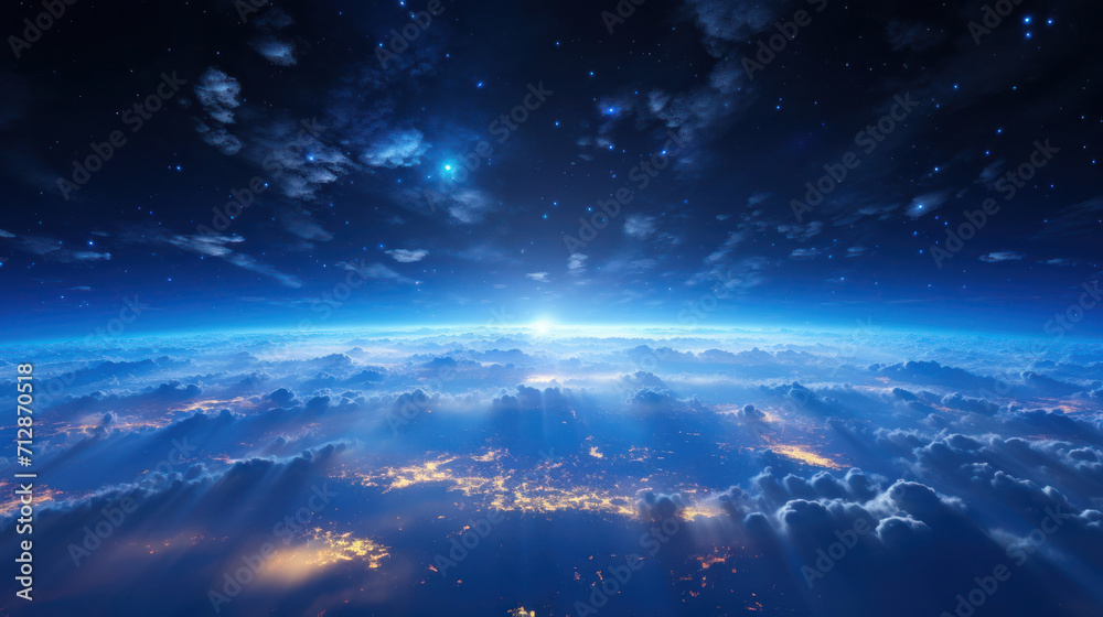Panoramic space scene of Earths majesty,  featuring radiant city lights and the enchanting ballet of light clouds that transform gracefully,  creating a mesmerizing portrait of seasons