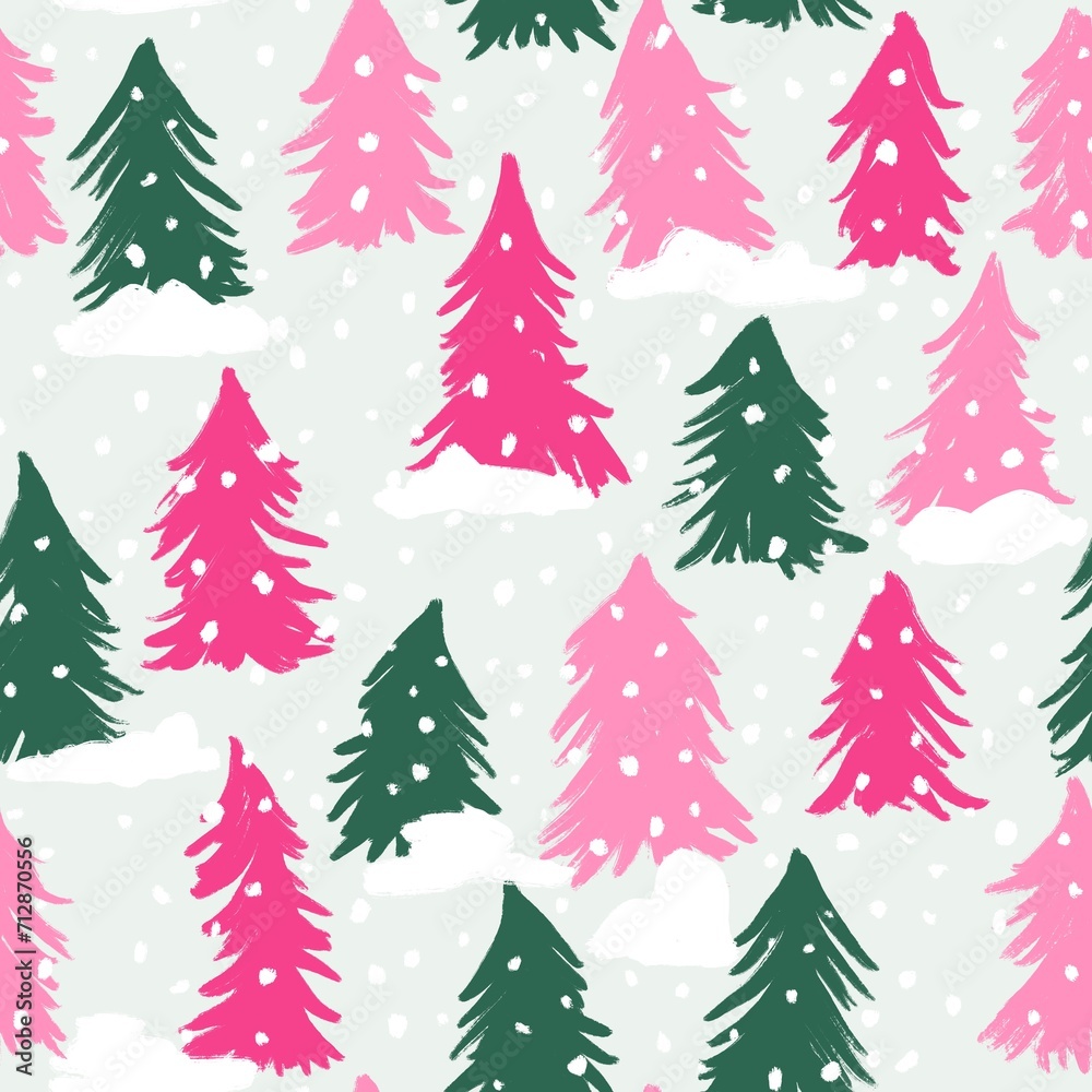 Hand drawn seamless pattern with green pink Christmas trees. New year holiday december greeting decor, nordic scandinavian traditional wrapping paper print, green pine conifer spruce forest.