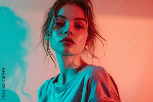 portrait of a fashion young woman in a studio muted color background and minimalistic	