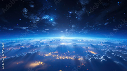 Panoramic space scene of Earths majesty, featuring radiant city lights and the enchanting ballet of light clouds that transform gracefully, creating a mesmerizing portrait of seasons