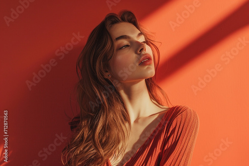 portrait of a fashion young woman in a studio muted color background and minimalistic	
