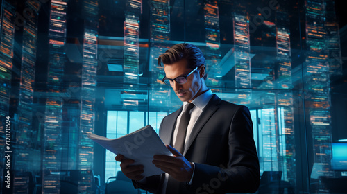 a businessman immersed in the process of checking electronic documents and approving a checklist