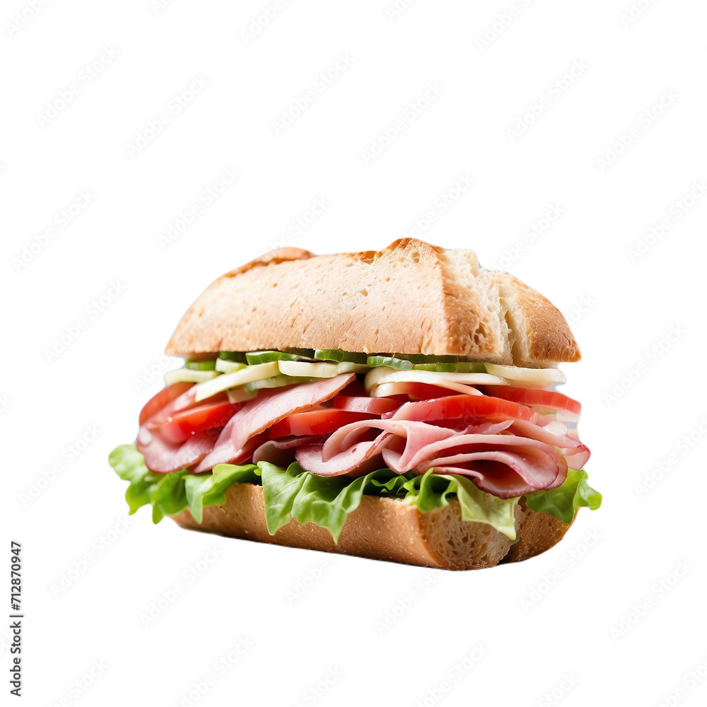 Mouthwatering submarine sandwich with a delightful medley of ingredients, including ham Mouthwatering submarine sandwich with a delightful medley of ingredients, including ham
