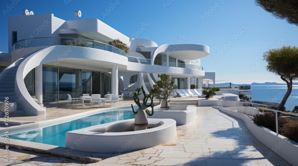 Blue blanc patern exterior villa, blue and white, very realistic, real life, Blue blanc patern exterior villa, blue and white, very realistic, real life,