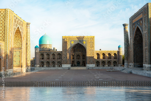 Registan Square, complex of three madrasah. Medieval university campus. Sunny morning