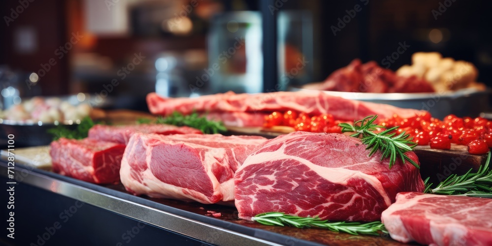 Meat for grilling or barbecue on display in a butcher shop. Food industry selling meat.