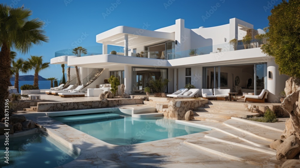 Blue blanc patern exterior villa, blue and white, very realistic, real life, Blue blanc patern exterior villa, blue and white, very realistic, real life,