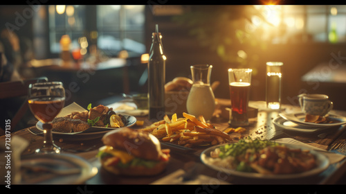 An inviting dining table set in a casual eatery  adorned with an array of gourmet dishes including a classic burger  golden fries  and a selection of beverages  highlighted by the soft glow of sunset.