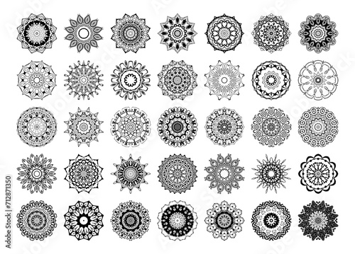 Collection of mandala geometric patterns isolated on white.