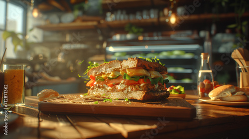 A delectable gourmet sandwich stacked high with fresh ingredients, basking in the natural sunlight of a modern artisan kitchen, inviting a satisfying culinary experience.