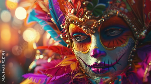 Carnival party background with Mardi Gras festive mask and vibrant Brazil and Latin decoration. Generative AI