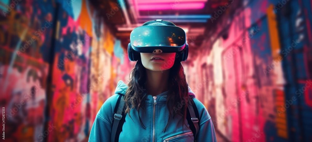 Fashionable teenager wearing cutting-edge virtual reality glasses in a vibrant cyberpunk environment.