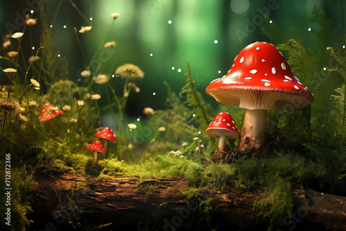 a group of mushrooms in a forest with lights