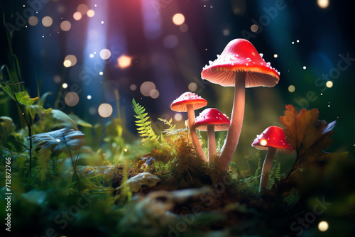 a group of mushrooms in a forest with lights photo