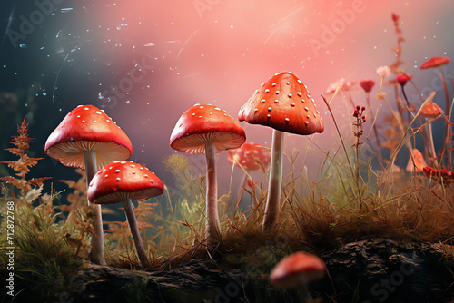 a group of mushrooms in a forest with lights