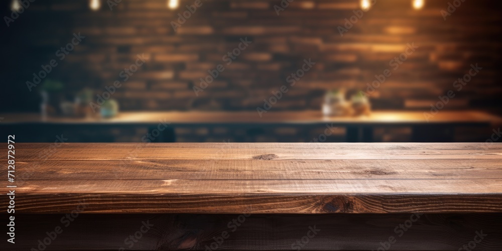 Vintage restaurant background with empty wooden desk for product display.