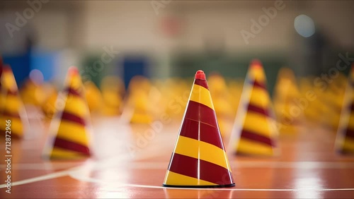 Closeup of cones set up in a zigzag pattern for dribbling drills. photo