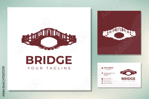 Simple Keystone Canal Waterway Brick Bridge with river creek wave Logo