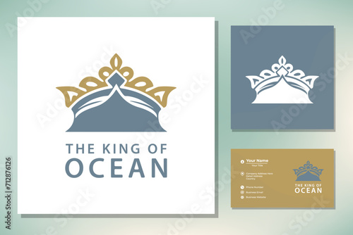 Golden Trident King Crown with Ocean Sea Wave and Bird logo design