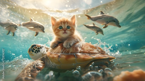 Cute kitten enjoying a carefree ride on a turtle's shell in a sunlit sea, surrounded by playful dolphins