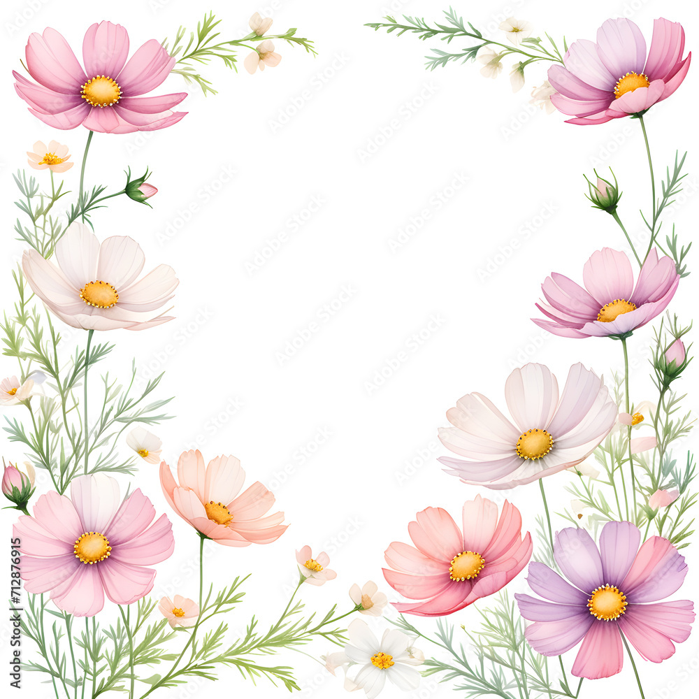 baby-cosmos-flowers-forming-a-delicate-frame-watercolor-illustration-in-minimalist-style