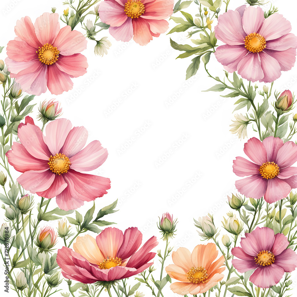 baby-cosmos-flowers-forming-a-delicate-frame-watercolor-illustration-in-minimalist-style