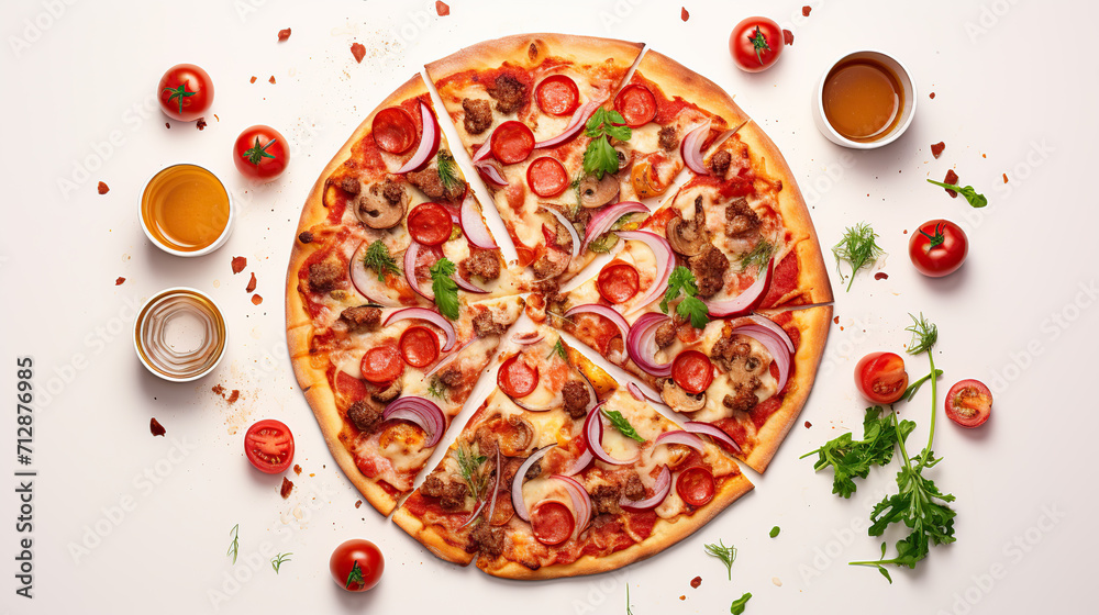 Delicious  pizza with tomatoes and mozzarella on white  background