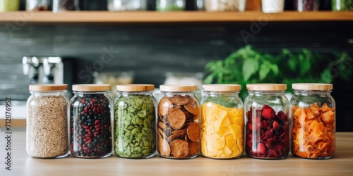 Zero waste store with organic bulk products, kitchen storage with low waste lifestyle, glass jar shelves with dried berries and fruits, eco-friendly shopping at plastic-free grocery.