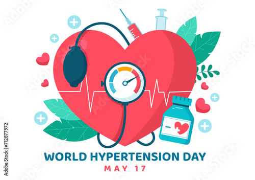 World Hypertension Day Vector Illustration on May 17th with High Blood Pressure, Tensimeter and Red Love Image in Healthcare Flat Background