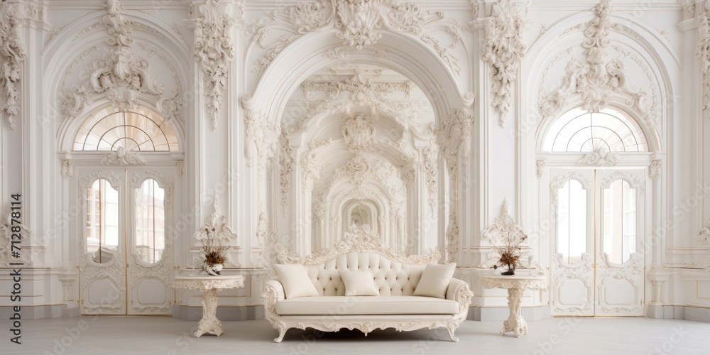 Fototapeta premium Luxurious baroque style living room with white walls adorned with antique stucco.