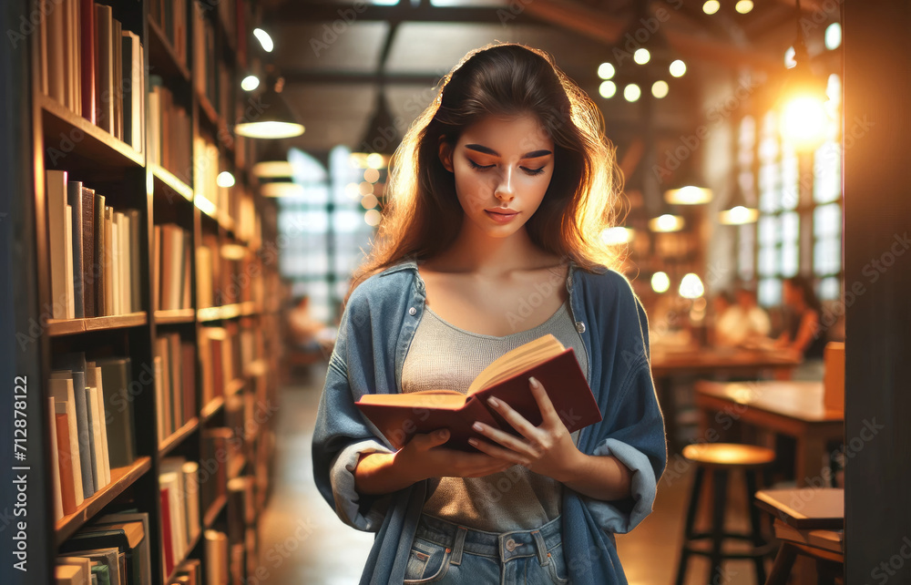 Fototapeta premium A young woman engrossed in reading a book, standing in a library aisle with shelves of books illuminated by warm sunlight.