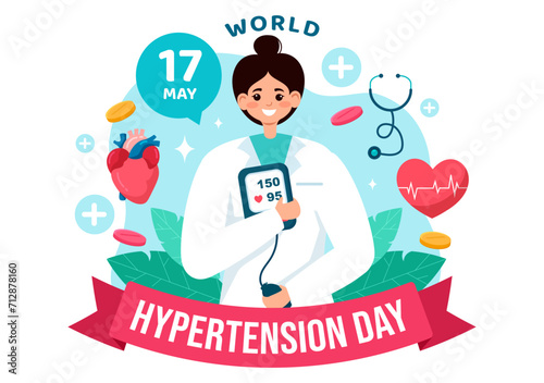 World Hypertension Day Vector Illustration on May 17th with High Blood Pressure, Tensimeter and Red Love Image in Healthcare Flat Background © denayune