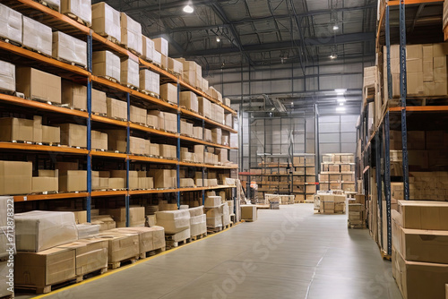 Explore the vastness of our warehouse scene, filled with neatly stacked boxes and towering shelves. A perfect image for conveying scale and logistics efficiency. 
