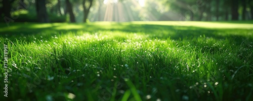 Green grass field in sunny morning photo